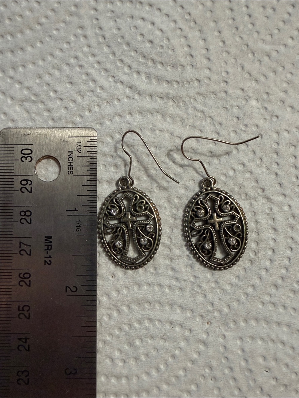 Buckle Silver-Tone Filigree Cross Oval Drop Earrings